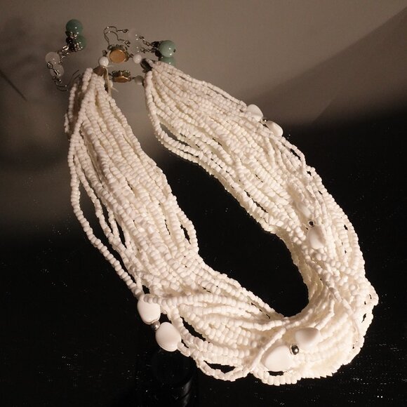 White Multistrand Necklace and Matching Natural Jade Bead Earrings Set - Picture 4 of 12